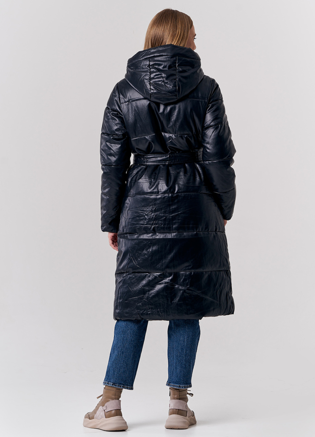 Пальто из эко кожи с капюшоном модель № 21827 в рассрочку