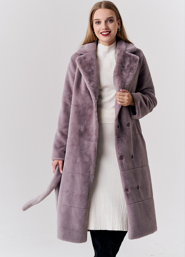 Двустороннаяя шуба из экомеха светло-розового цвета с английским воротником и поясом модель № 21143 в рассрочку