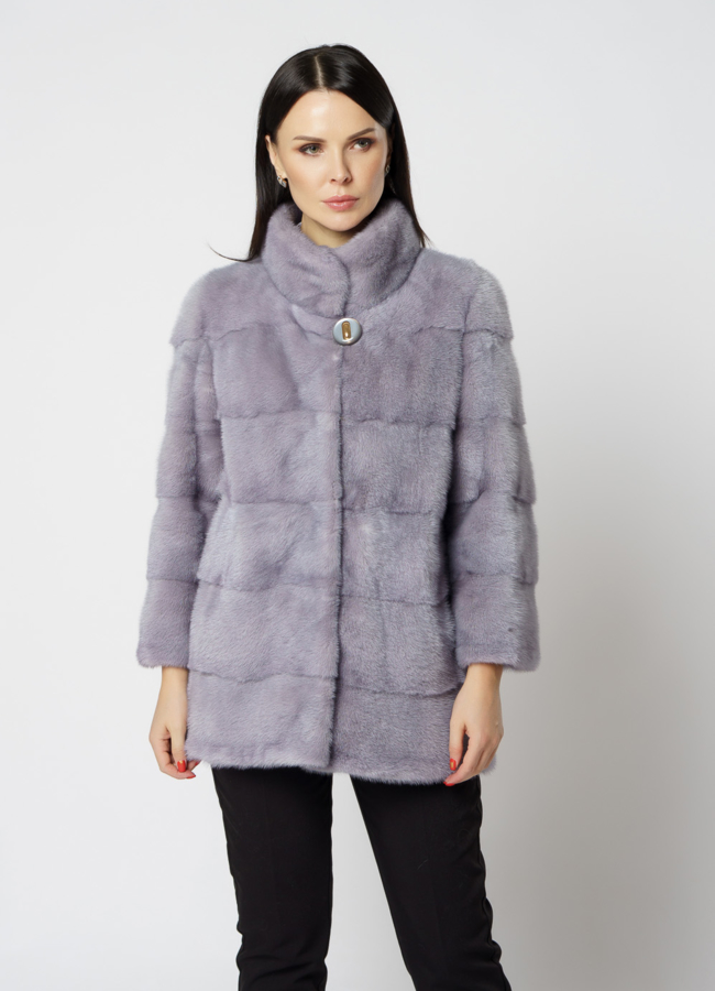 Норковая шуба с воротником стойкой голубого цвета модель № S-812 в кредит