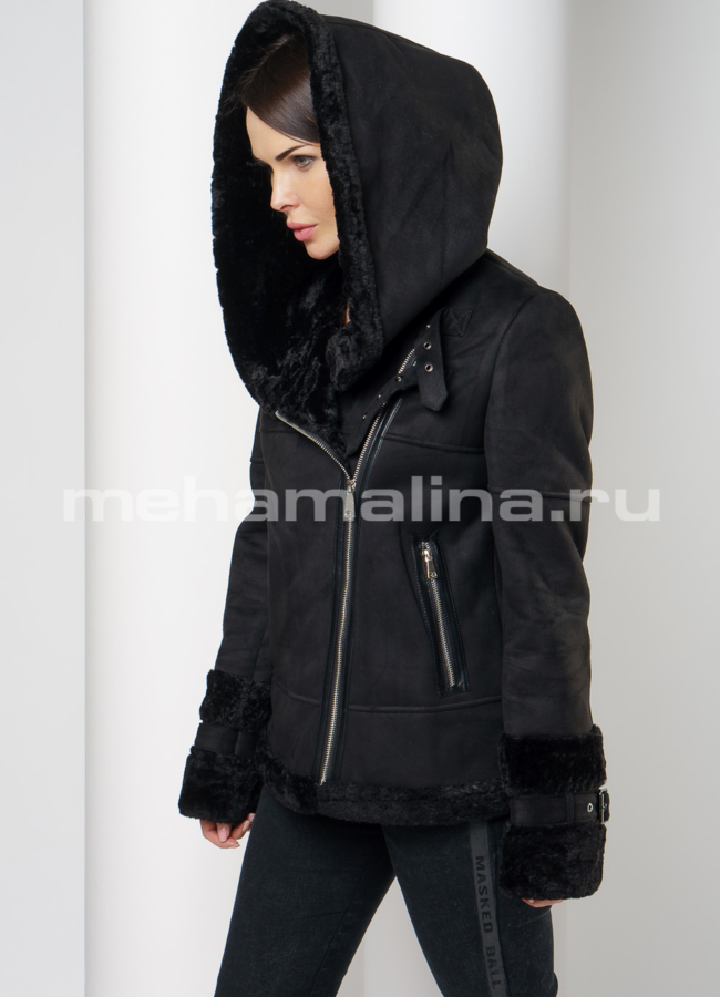 Эко дубленка на молнии с капюшоном в черном цвете модель № 9186 универмаг малина