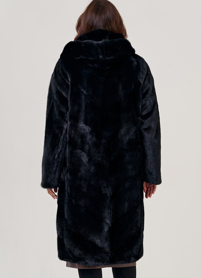 фото Шуба из норки в черном цвете с капюшоном модель № 23148