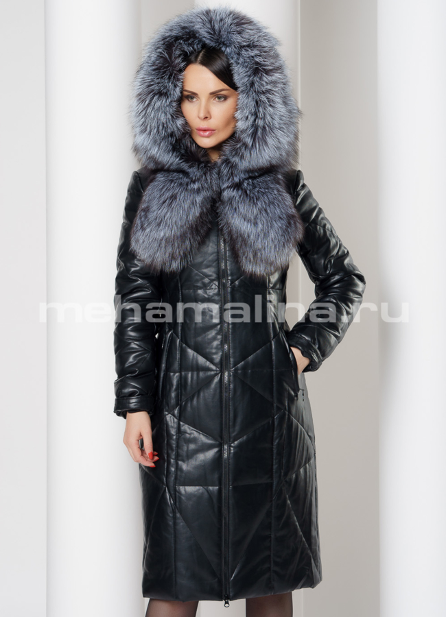 фото Пуховик из эко кожи с отделкой из чернобурки модель № 6160