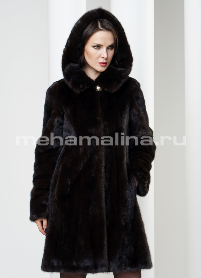 фото Шуба норка с капюшоном, цвет махагон, длина 90см модель № S-174