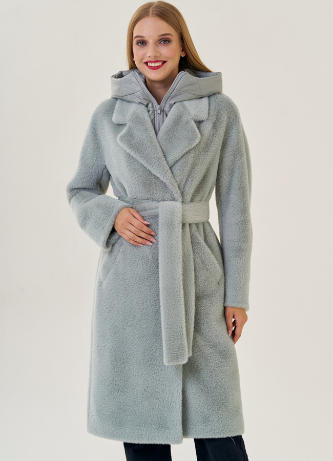 Женское ворсовое пальто с капюшоном модель № 23272 меха малина