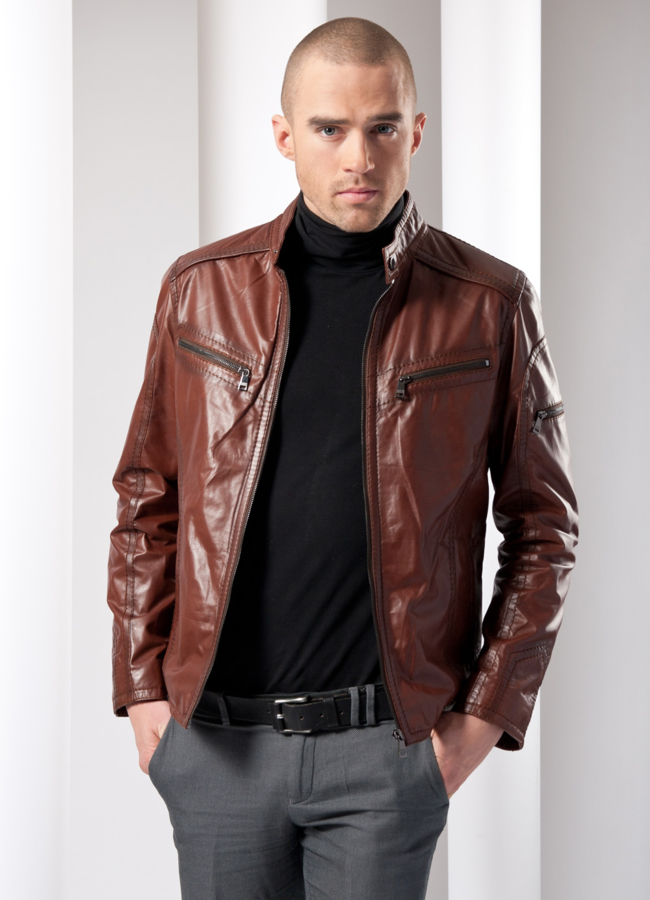 Кожаная куртка модель № KP-9 меха малина