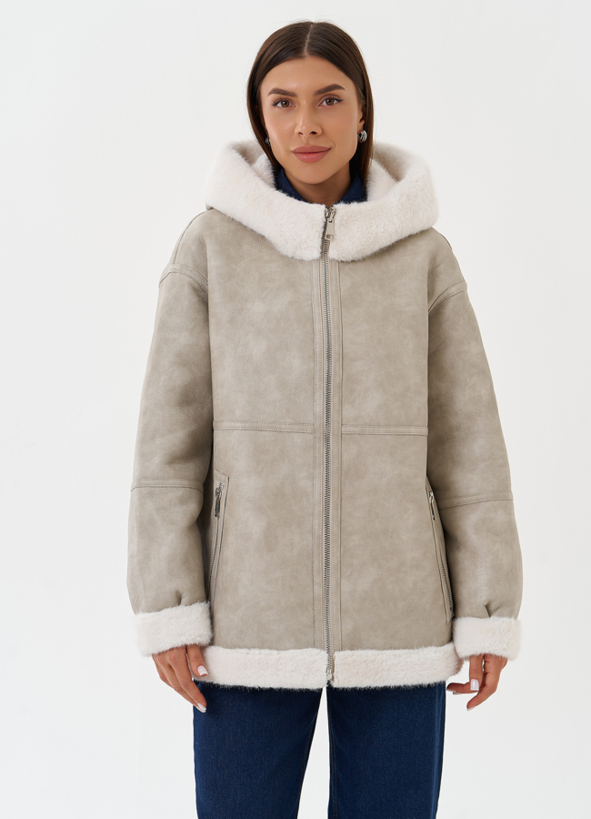 Двухсторонняя дубленка с капюшоном модель № 27759 меха малина