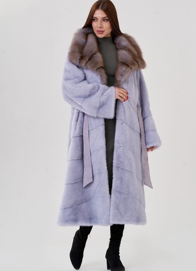 Норковая шуба с отделкой из куницы модель № 23083 универмаг малина