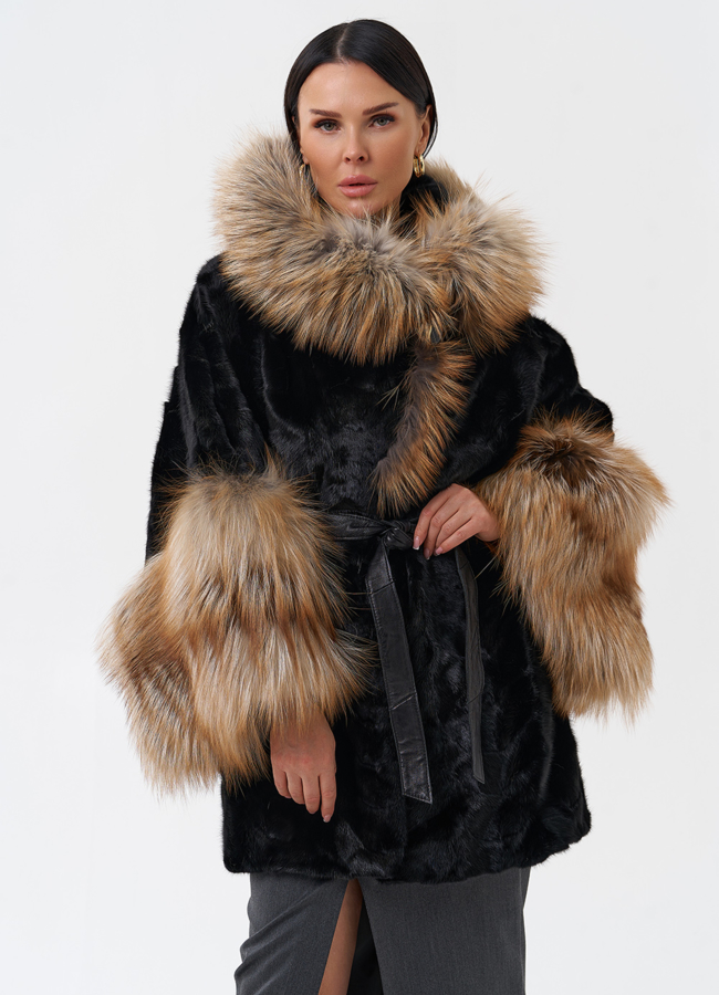 Шуба из скандинавской норки с лисой модель № 29216 универмаг малина