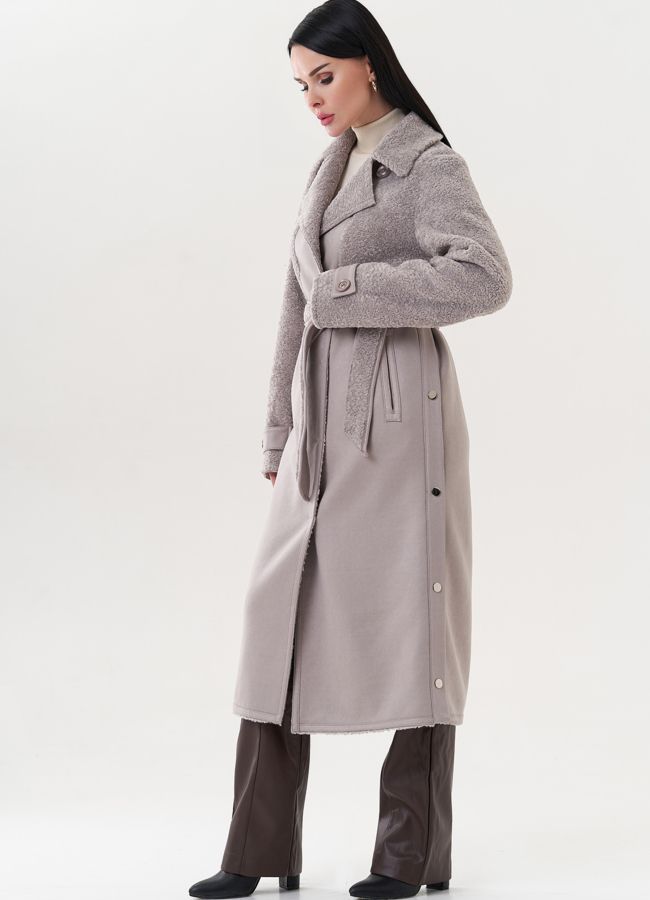 Удлиненнная эко дубленка под пояс модель № 26729 в кредит