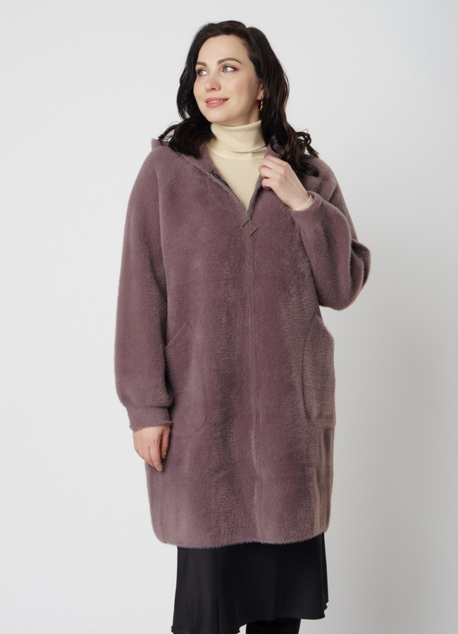 Женское пальто с капюшоном модель № 6601 меха малина