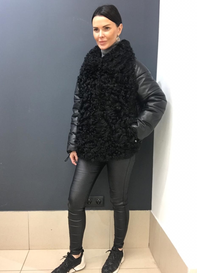 Кожаный пуховик утепленный модель № 5770 меха малина