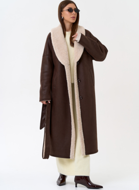 Женская двухсторонняя дубленка из эко замши с воротником шаль