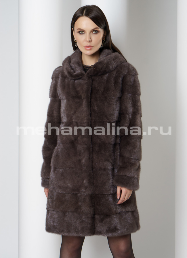Поперечная норковая шуба трансформер в цвете уголь модель № 2105 меха малина