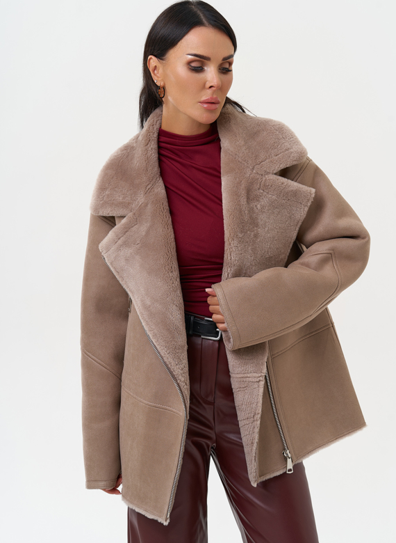 Женская дубленка из эко замши прямого кроя