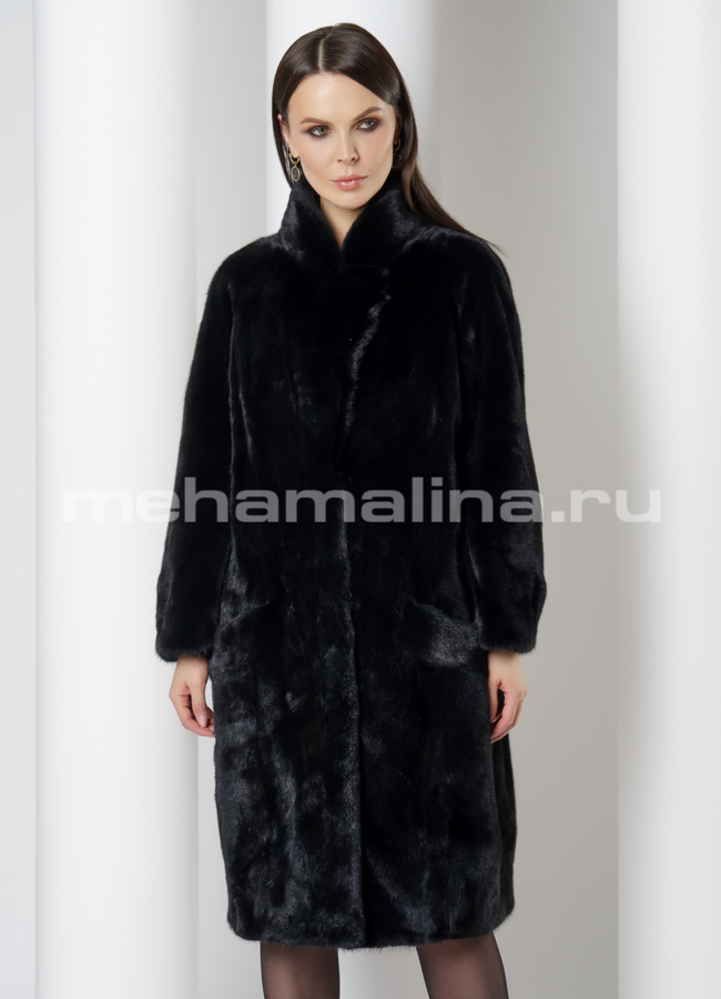 Норковая шуба черного цвета в роспуск с английским воротником  модель № 802 меха малина