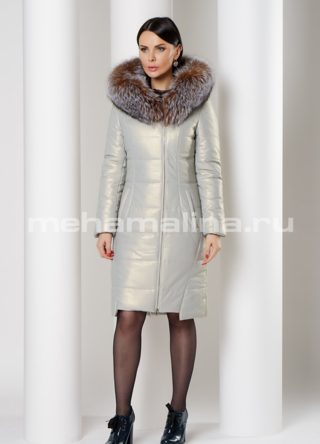 Светлый пуховик с капюшоном их эко кожи  модель № 6127 в кредит