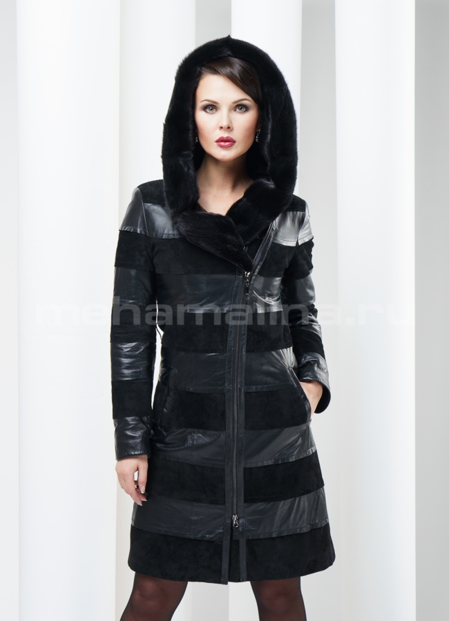 Кожаный плащ на молнии в поперечной раскладке модель № K-184 меха малина