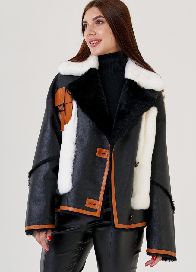 фото Женская дубленка косуха черного цвета модель № 23354