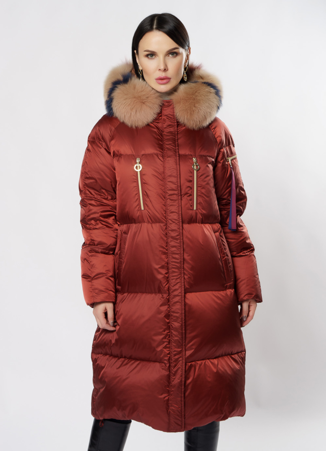 Пуховик Florence Mode красного цвета модель № 19СА-14 меха малина