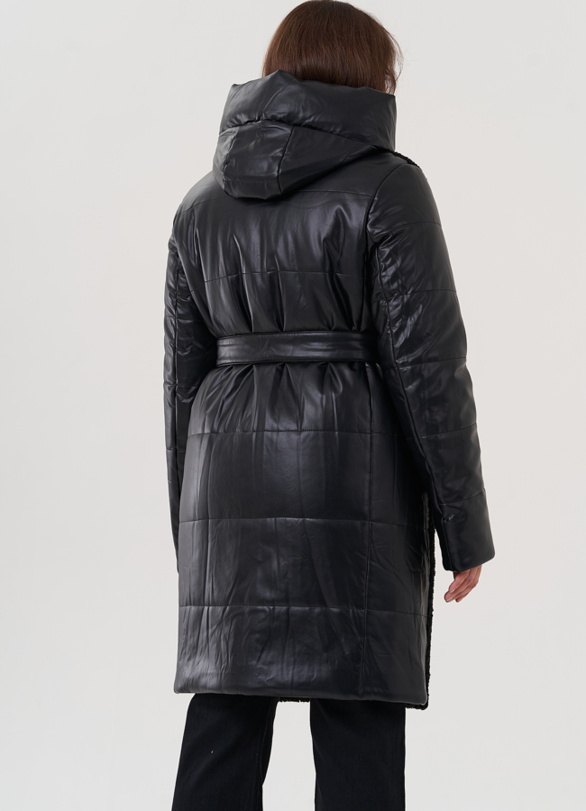 Пуховик из эко кожи с капюшоном модель № 25342 в кредит