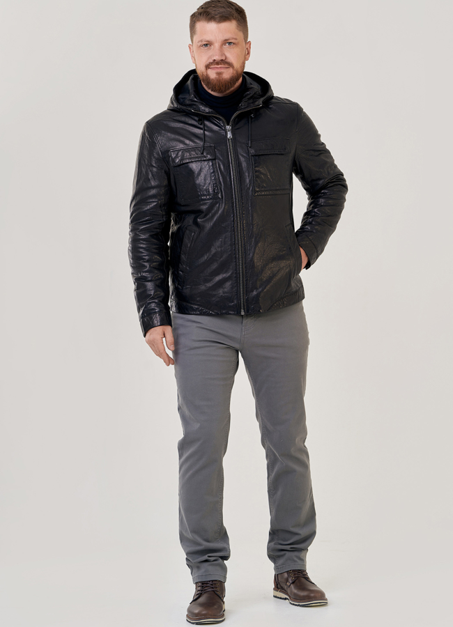 Мужская кожаная куртка с капюшоном модель № 80596 в рассрочку