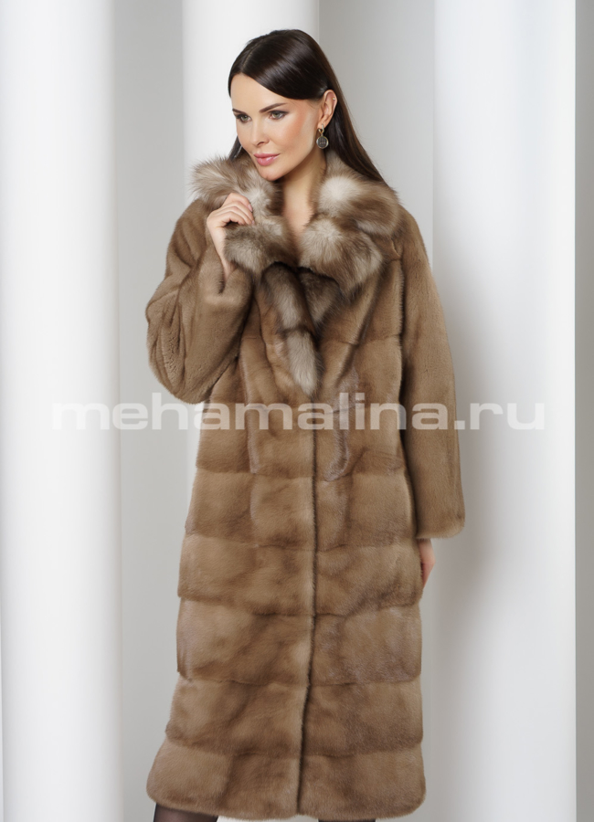 Норковая шуба с английским воротником отделка куница модель № S-753  универмаг малина