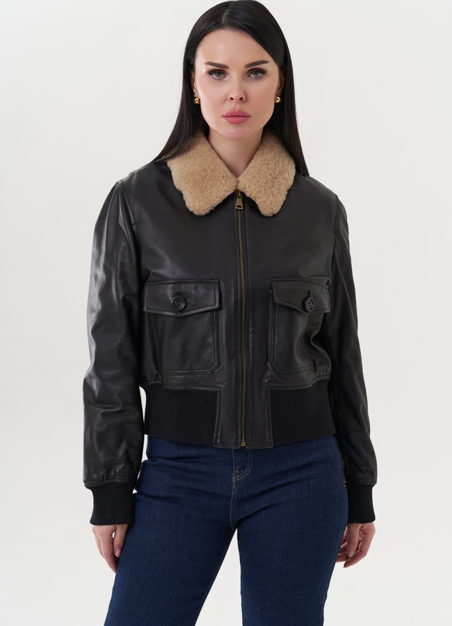 Куртка пилот из натуральной кожи черного цвета модель № 26714 меха малина