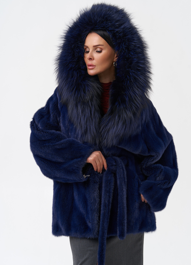 Синяя норковая шуба с капюшоном модель № 28098 меха малина