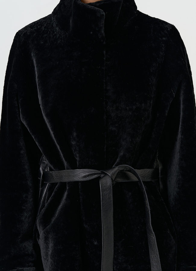 Женская двухсторонняя дубленка с поясом модель № 32198 универмаг малина