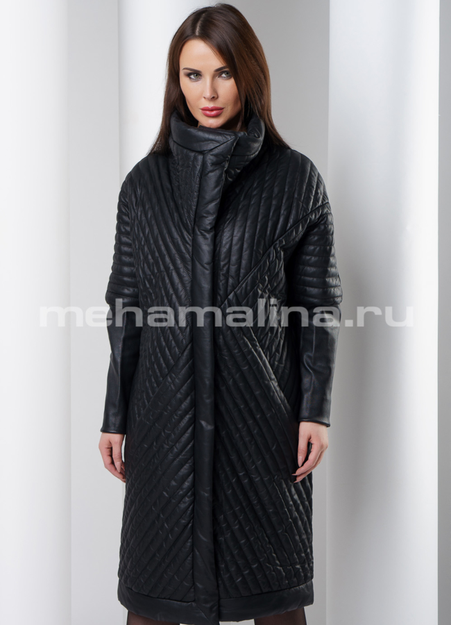 Модное кожаное пальто модель № K-384 меха малина