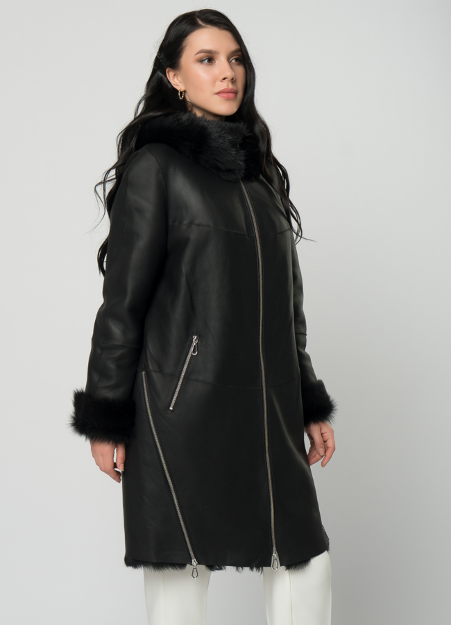 Дубленка натуральная с отделкой из тосканы модель № 22156 меха малина