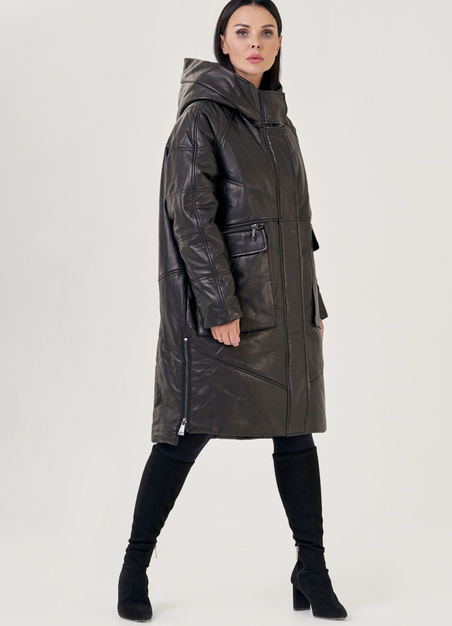 фото Женский пуховик из натуральной кожи с капюшоном модель № 23266