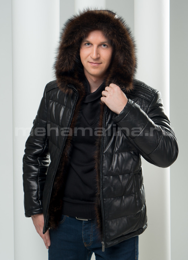 Кожаный пуховик с капюшоном модель № ПМ-46 в кредит