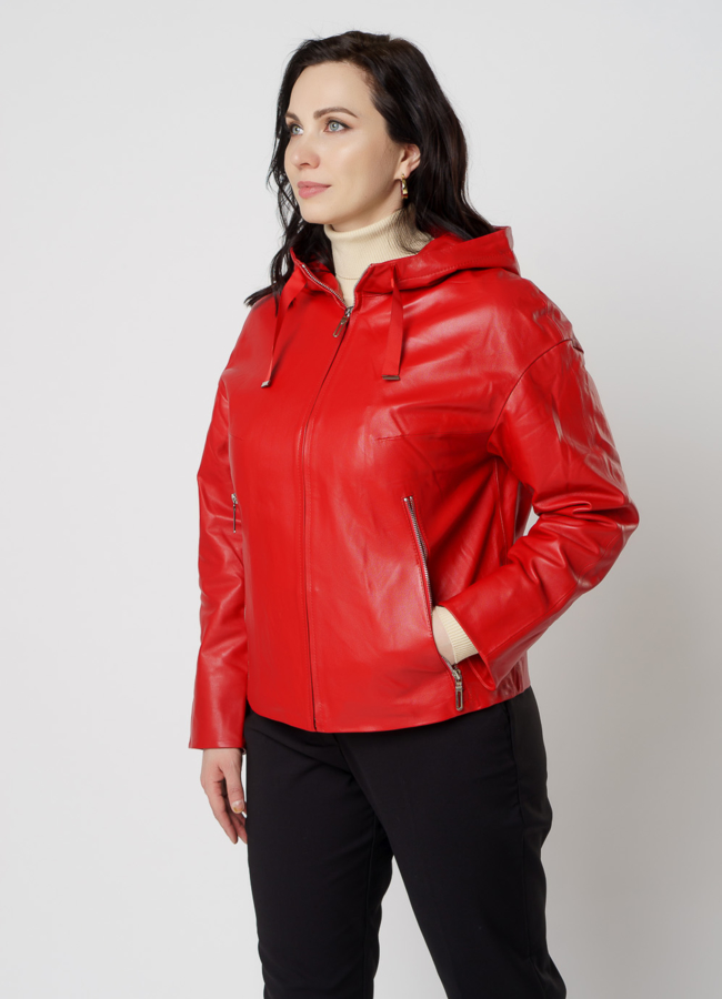 Красная кожаная куртка с капюшоном модель № 91208 универмаг малина