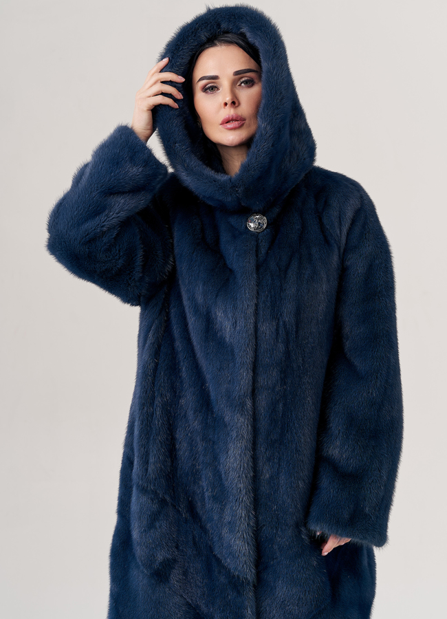 Женская норковая шуба с капюшоном  модель № 23784 меха малина