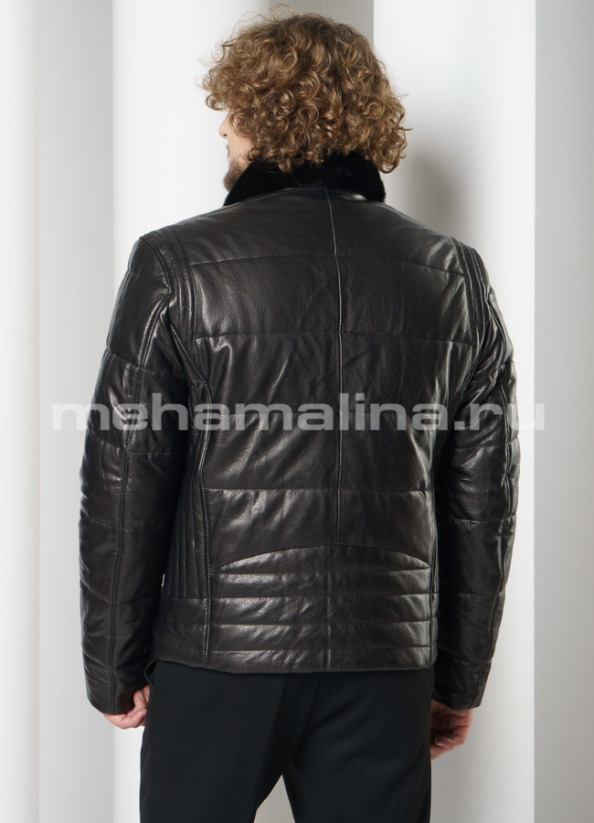 Пуховик из натуральной кожи с английским воротником, отделка норка модель № ПМ-112 в рассрочку