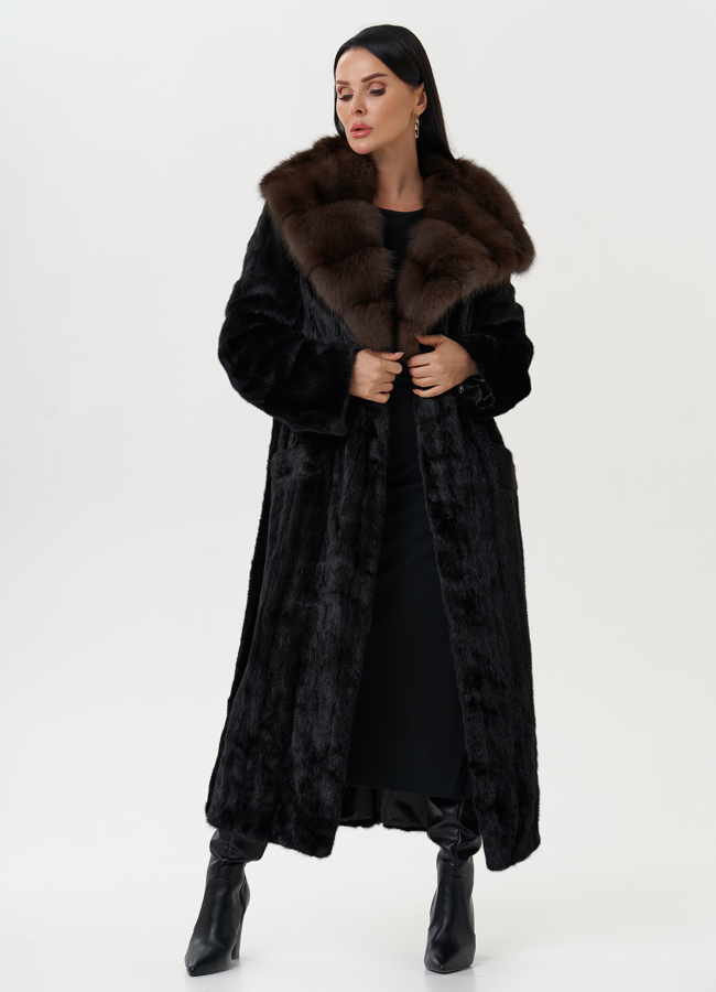 Шуба из норки с капюшоном из меха куницы модель № 28023 универмаг малина