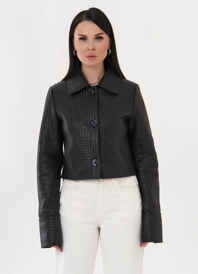 Жакет из натуральной кожи с плетением модель № 26951 меха малина