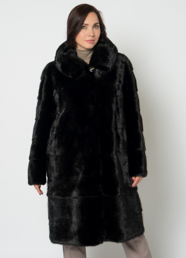 Норковая шуба с капюшоном в черном цвете  модель № 20949 меха малина