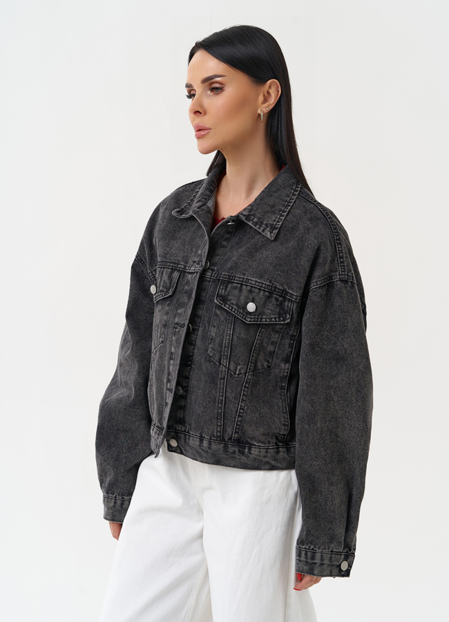 фото Женская джинсовая куртка серого цвета модель № 30403