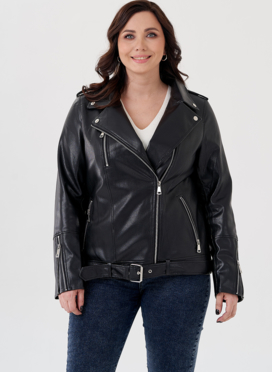 Удлиненная куртка косуха в черном цвете с ремнем Удлиненная куртка косуха в черном цвете с ремнем