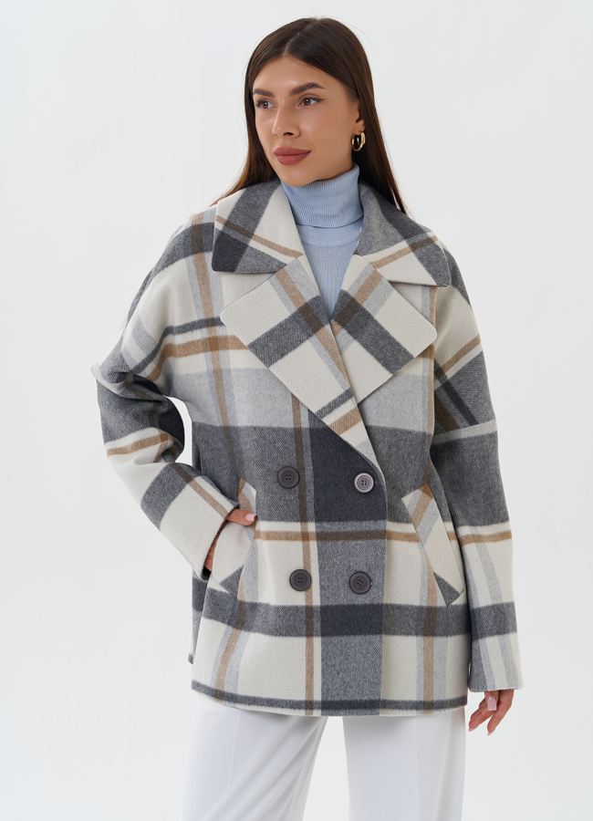 Укороченное пальто с принтом клетка модель № 27674 в кредит