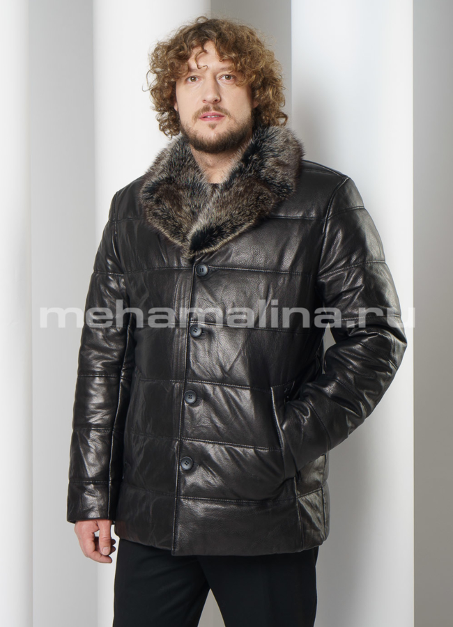 Пуховик из натуральной кожи на пуговицах с английским воротником модель № ПМ-105 меха малина