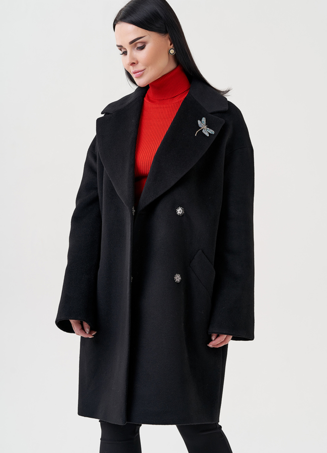 фото Женское пальто под пояс в черном цвете модель № 23960