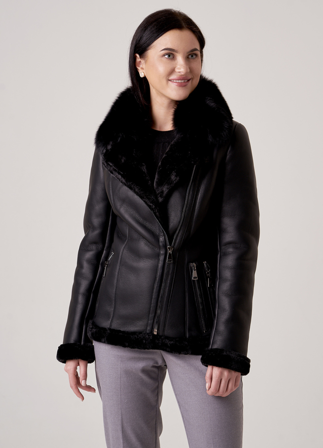 Дубленка черного цвета с воротником из песца модель № 1970-1 универмаг малина