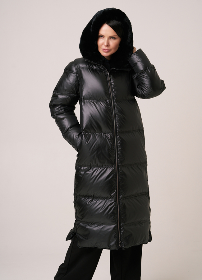 Двусторонний пуховик DiegoM черного цвета с отделкой из кролика  модель № Diego-M 818 меха малина