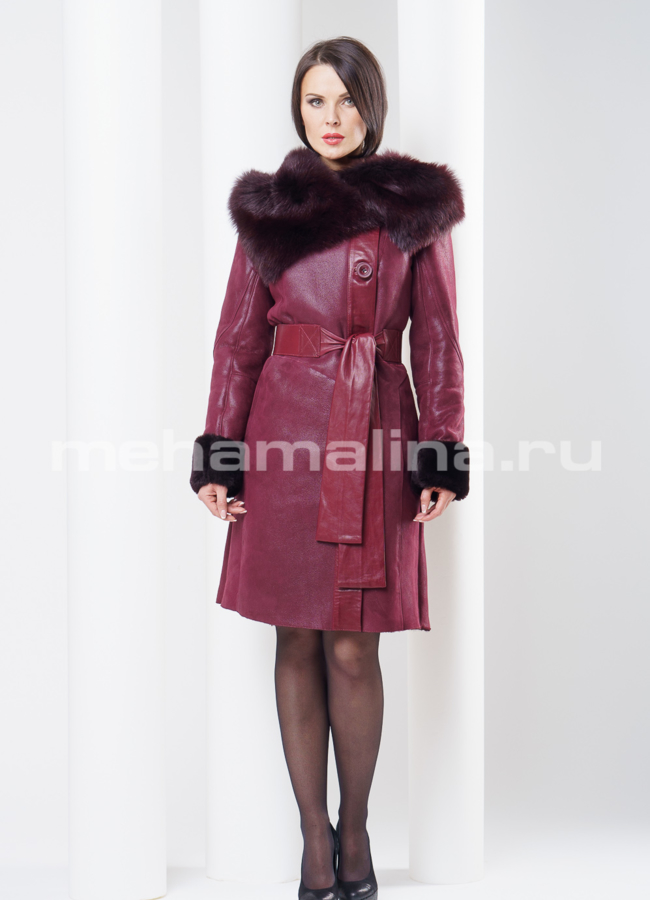 Дубленка на пуговицах, цвет бордо модель № D-129 в кредит
