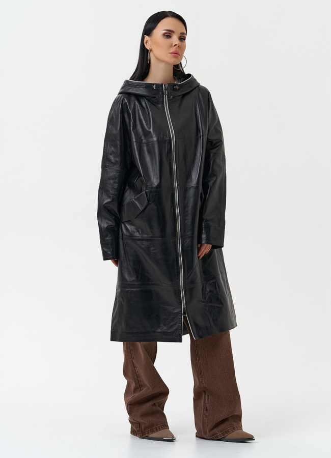 Женский плащ из натуральной кожи с капюшоном модель № 30339 универмаг малина