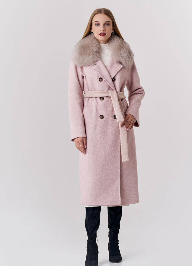 Зимнее пальто оверсайз бежевого цвета с отделкой из песца модель № 21834 в рассрочку