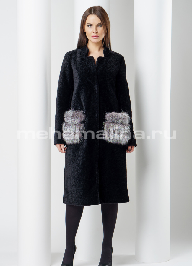 Пальто меховое с накладными карманами модель № K-397 меха малина